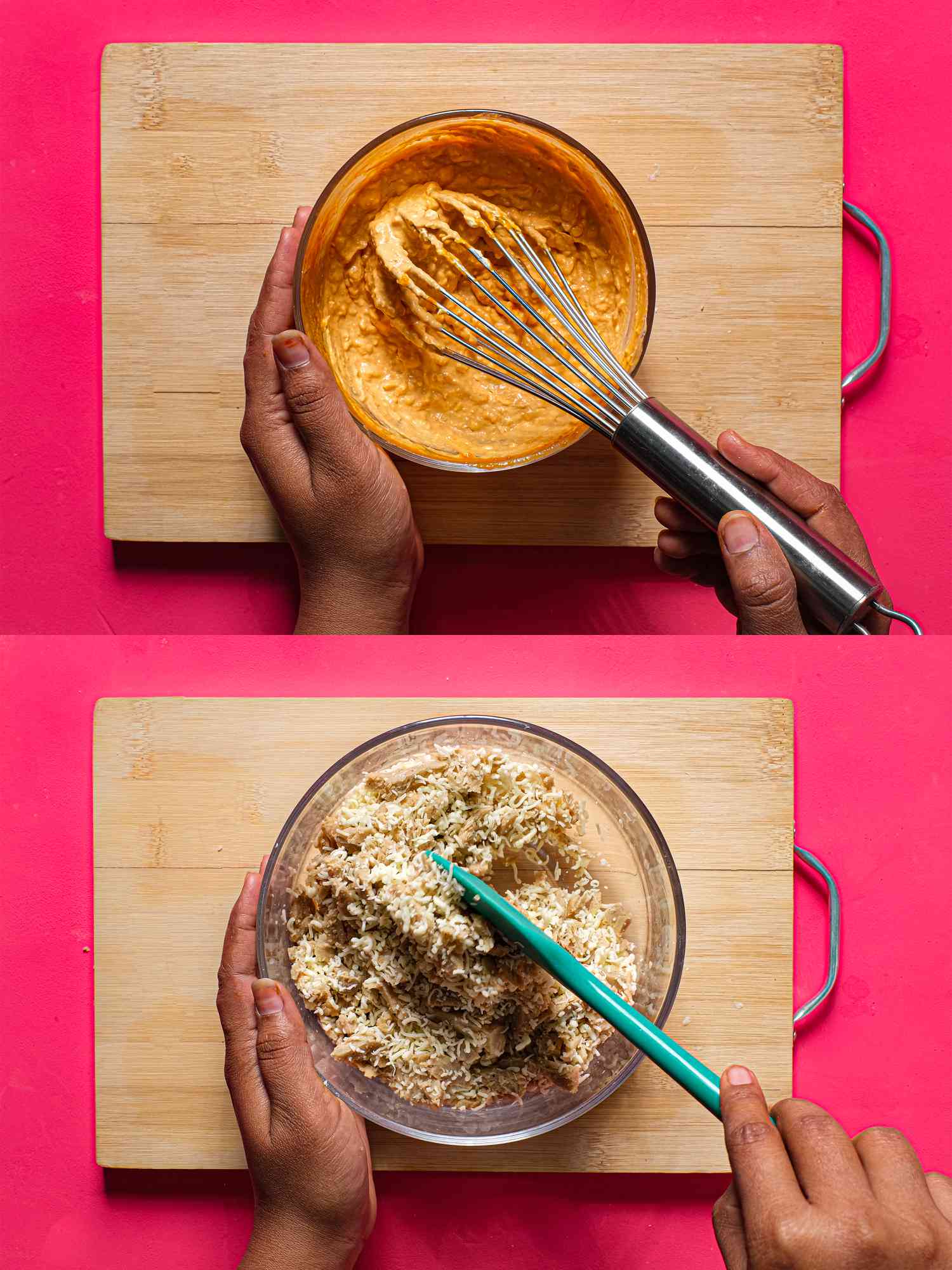 Two image collage of whisking cream cheese and buffalo sauce together and mixing cheese with chicken