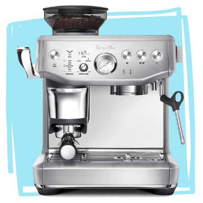 Breville espresso machine with various features including a builtin grinder and steam wand
