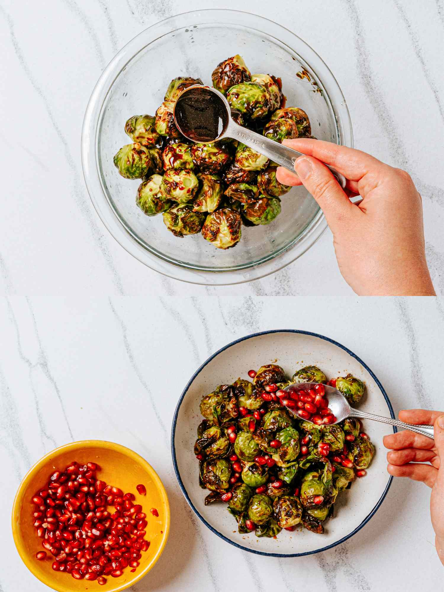 Two images showing Brussels sprouts being prepared with a dark sauce and garnished with pomegranate seeds
