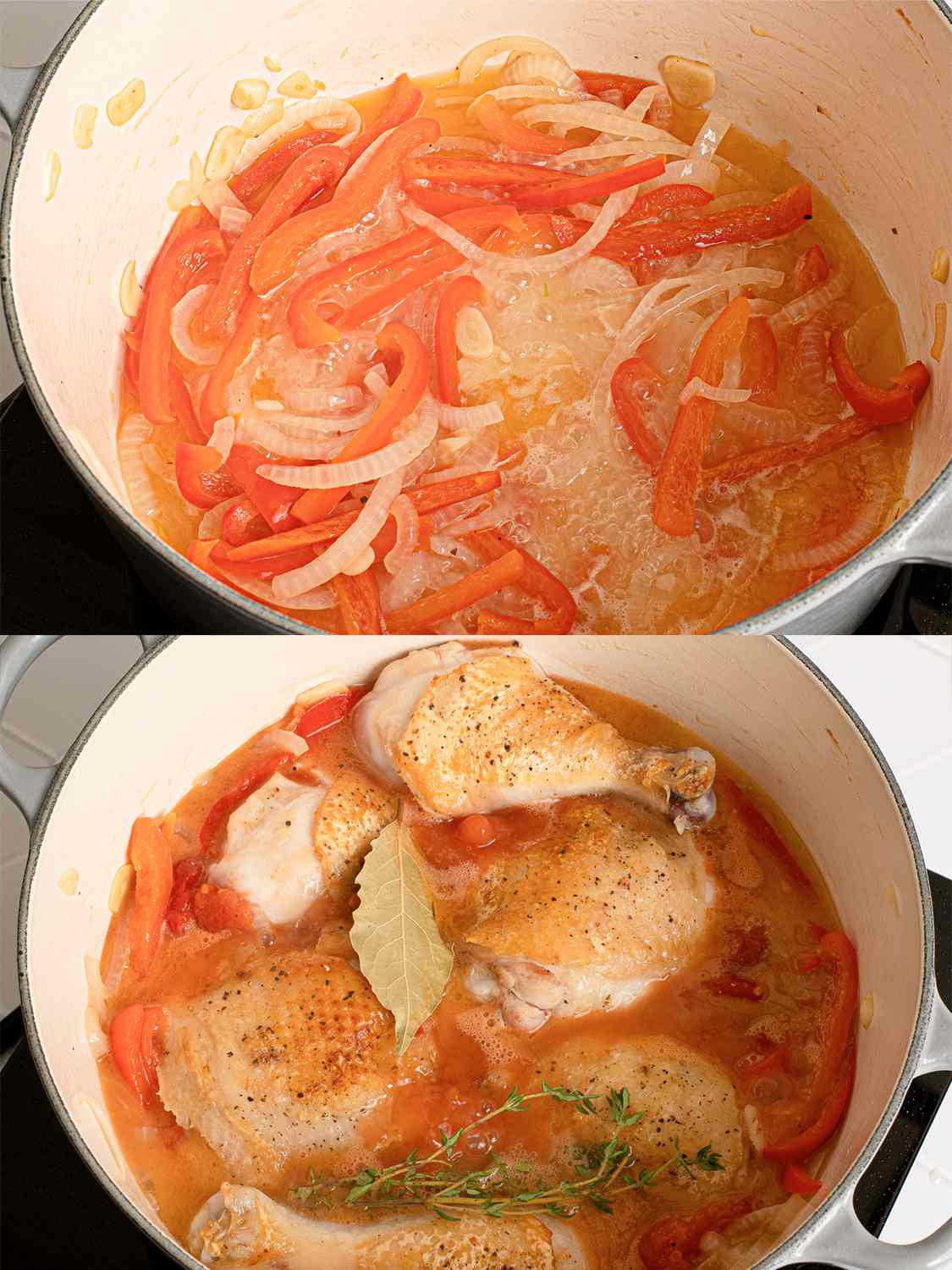 A two-image collage. The top image shows the softened onions, peppers, and garlic with white wine added to the Dutch oven. The liquid inside of the pot is simmering. The bottom image shows the chicken breasts added to the Dutch oven, skin-side up, with a bay leaf, thyme sprigs, and tomatoes and their liquid also added.