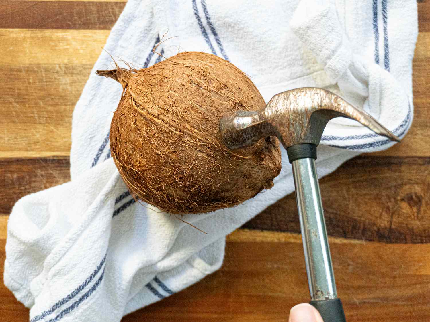 Overhead view of coconut and hammer