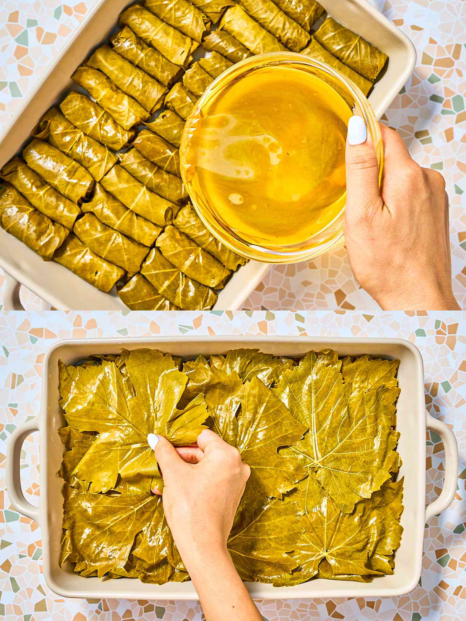 Two image collage of pouring oil and layering leaves