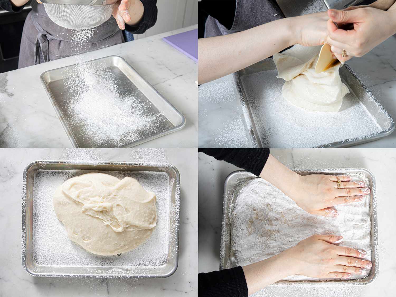 Four image collage of dusting baking sheet, transferring, mochi dough into sheet, and pressing out to fill pan