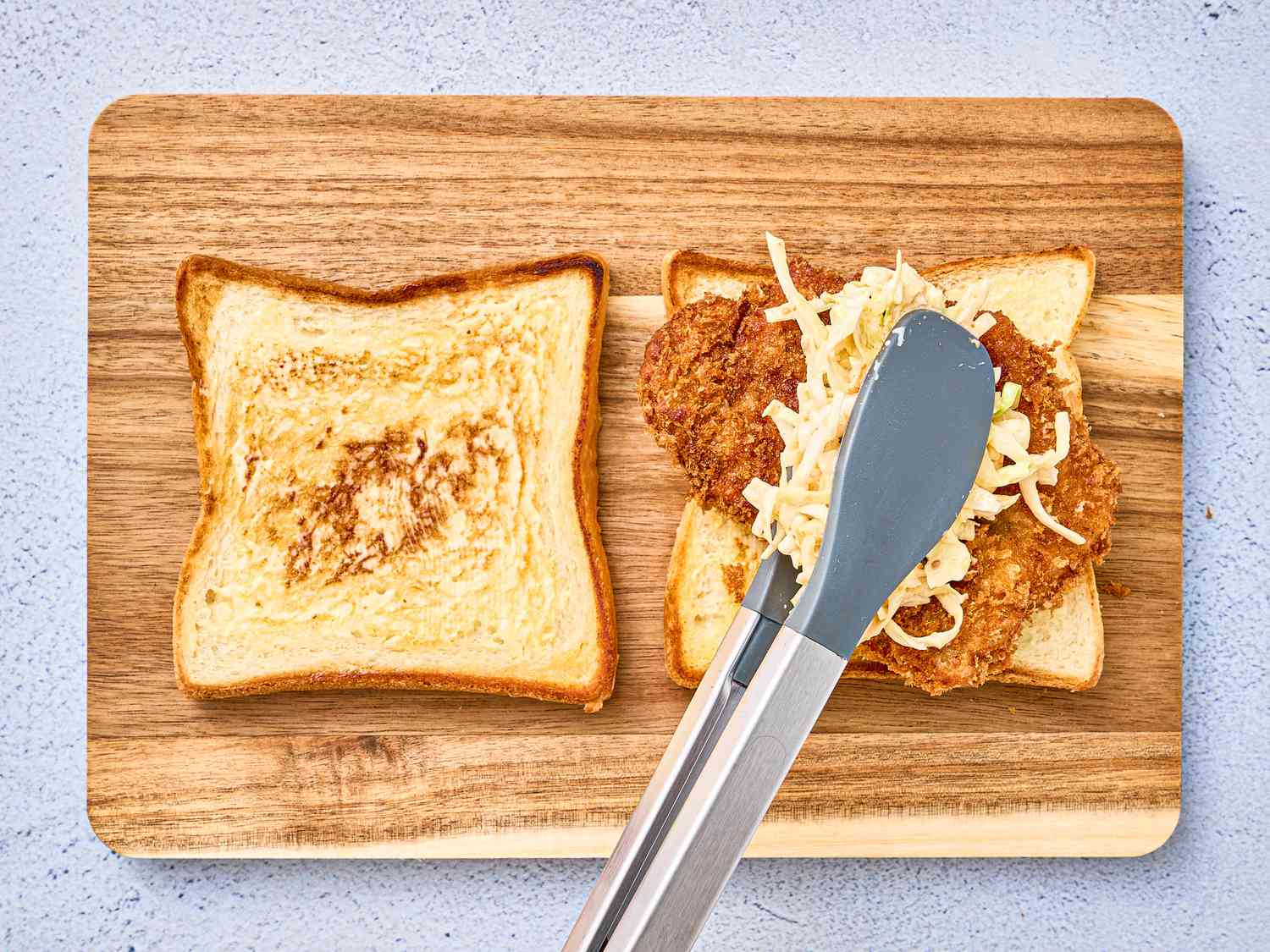 Overhead view of assembling katsu sando