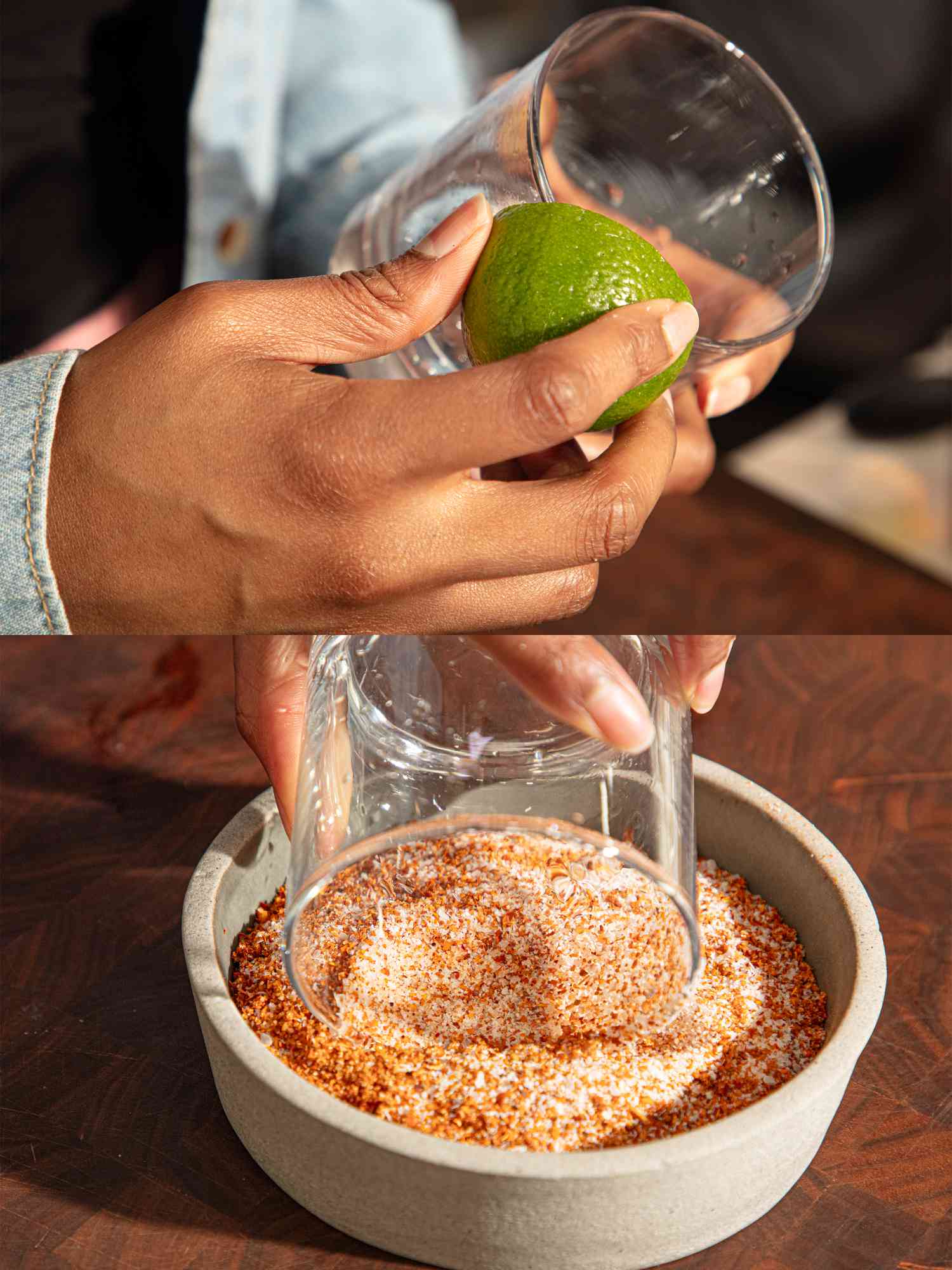 Two-step process for preparing a drink glass, lime on rim, dipping in seasoning