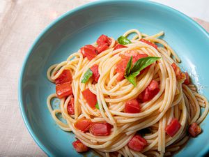 Overhead view of a bowl of pasta 