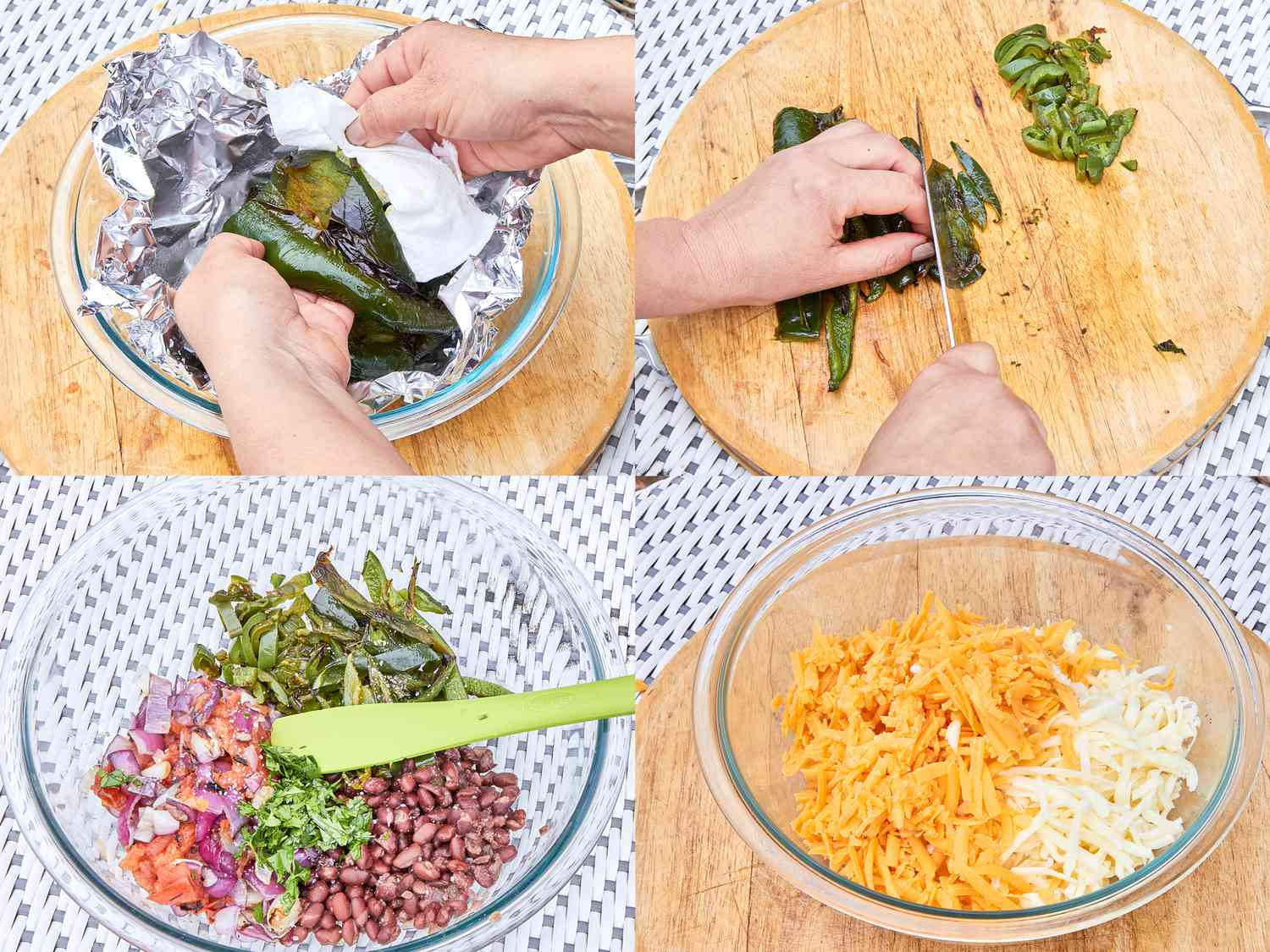 4 image collage. Top left: peeling blistered skin off peppers in bowl. Top Right: slicing grilled peppers on wooden board. Bottom left: grilled veggies and beans in bowl. Bottom Right: 2 cheeses mixed in a glass bowl. 