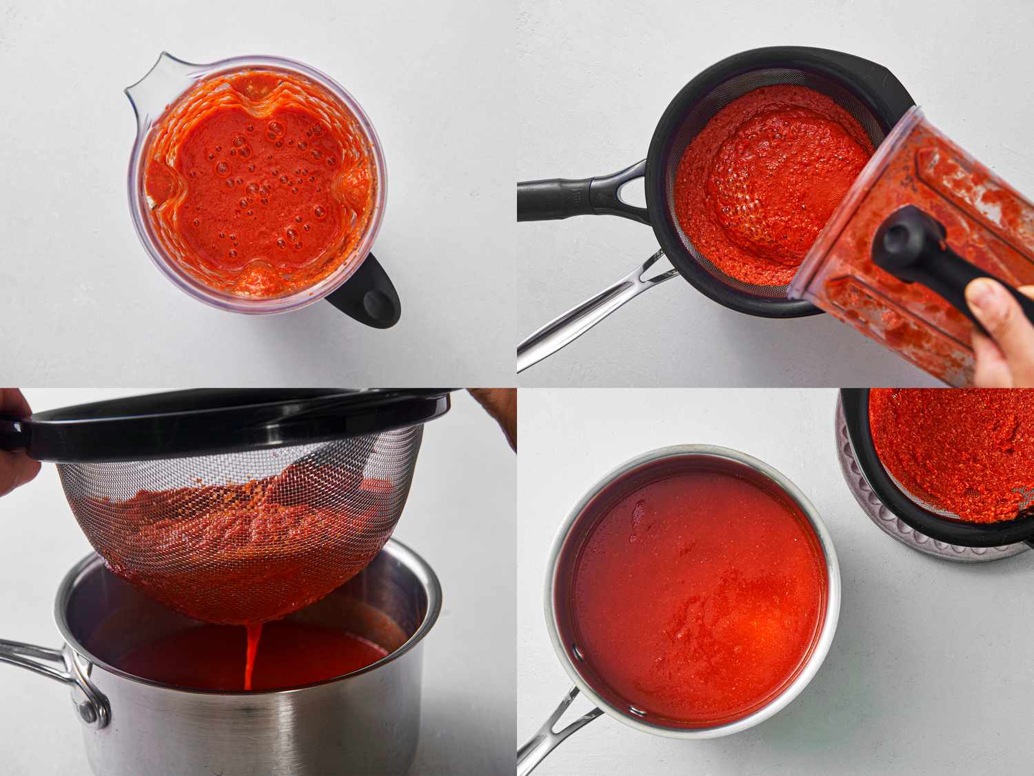 Fermented chile mixture and white vinegar, blended to a puree, transferred to a mesh strainer, and then strained into a pot