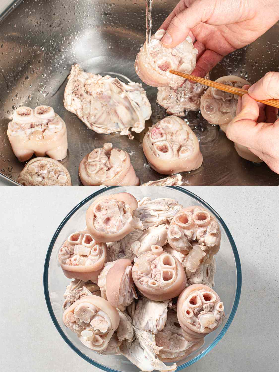 A two-image collage. The top image shows bones being run under water to clean them, with a hand using a single chopstick to remove bone marrow from the bones. The bottom image shows the cleaned bones piled inside of a glass bowl.