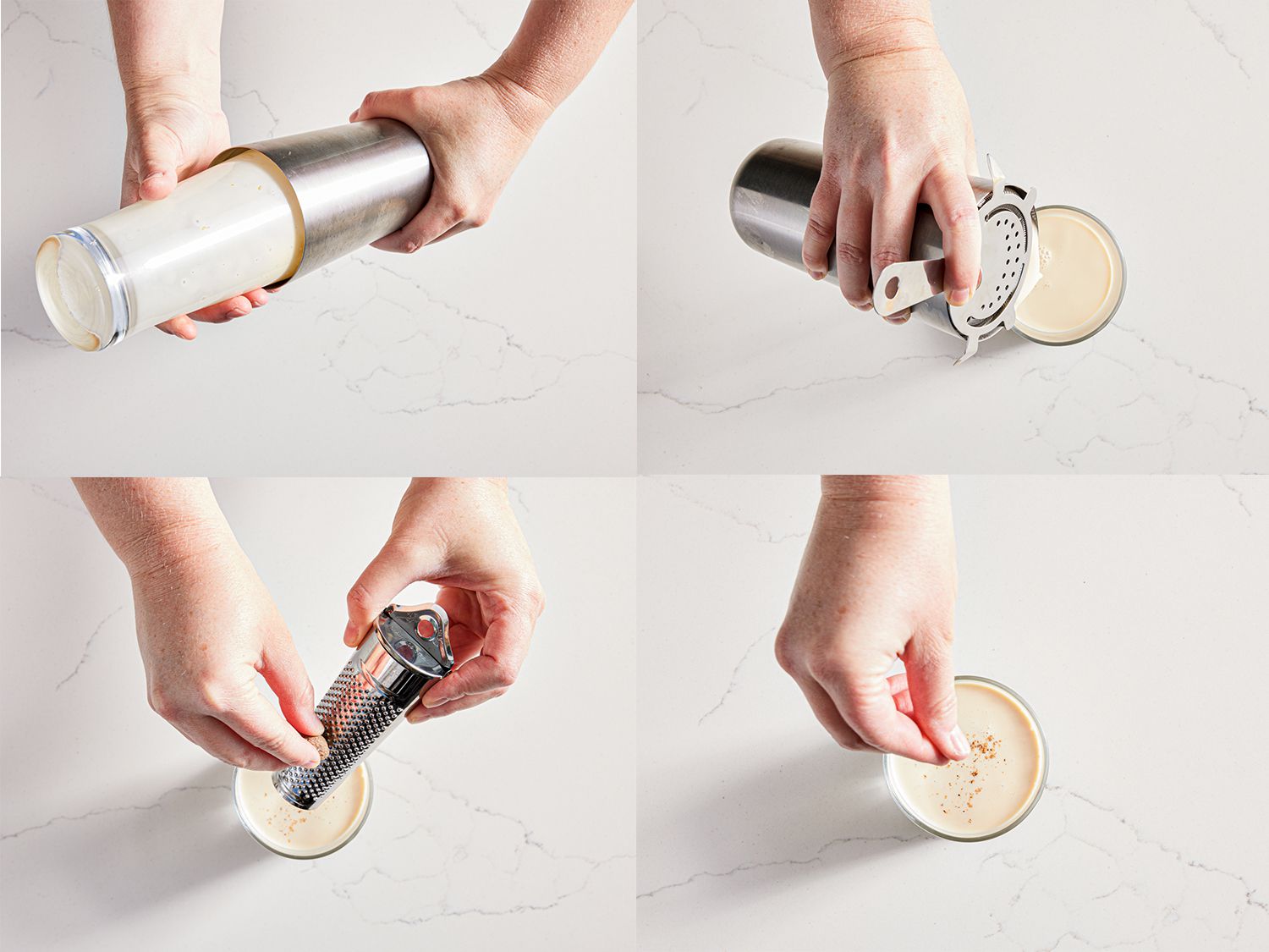 Four image collage of egg nog being shaken by hand, poured into a glass, and nutmeg being sprinkled on top