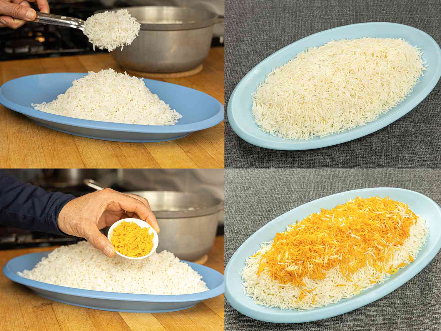 Four image collage of scooping rice out of pot onto a platter, rice on platter, scooping saffron rice ontop and overhead view of saffron rice topped mound