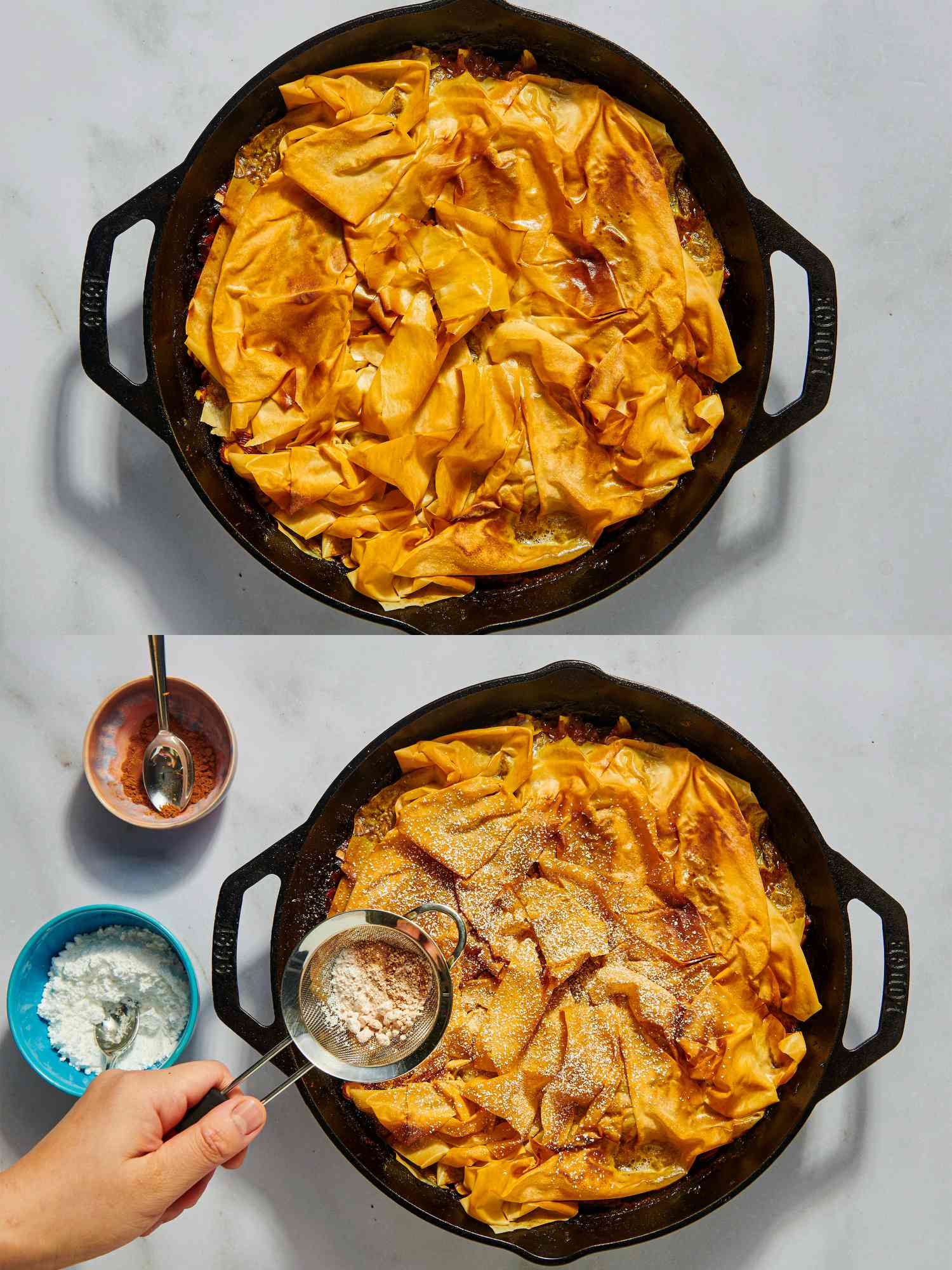 Two image collage of finishing one pan chicken bastilla