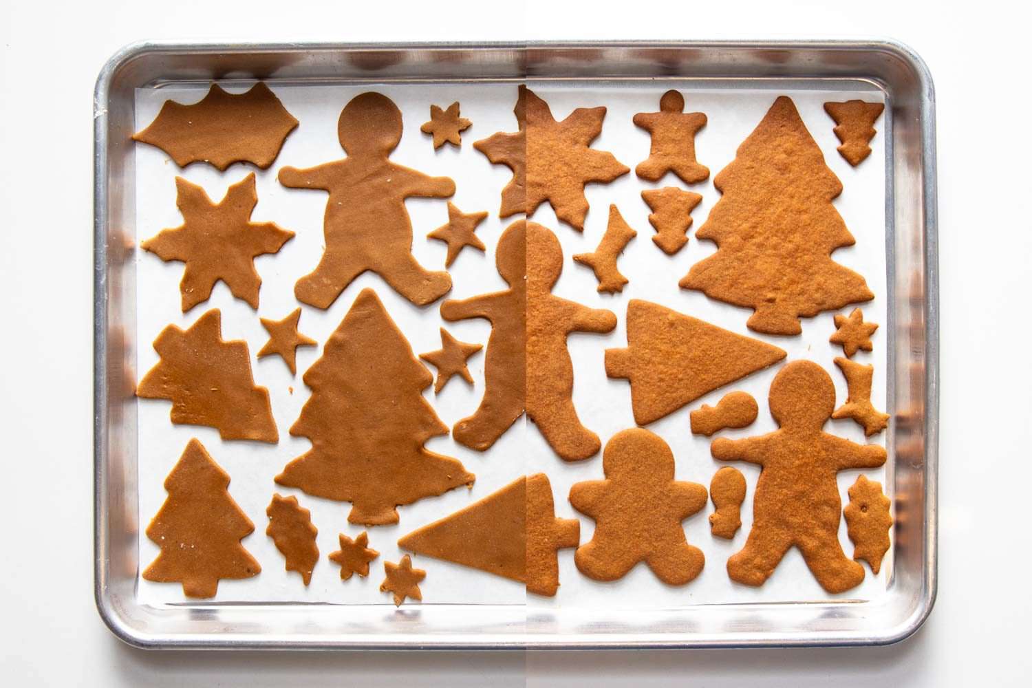 Gingerbread cookies on a tray before and after baking.