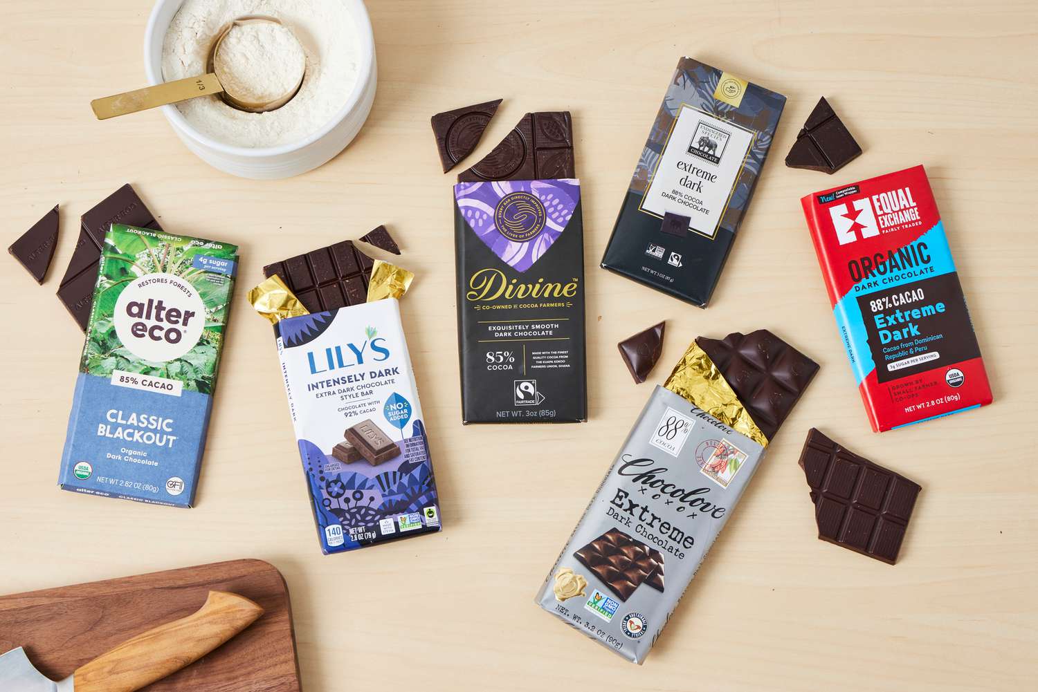 A number of extra-dark chocolates on a kitchen countertop.