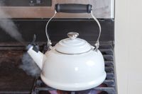 A kettle emitting steam while on a gas stove