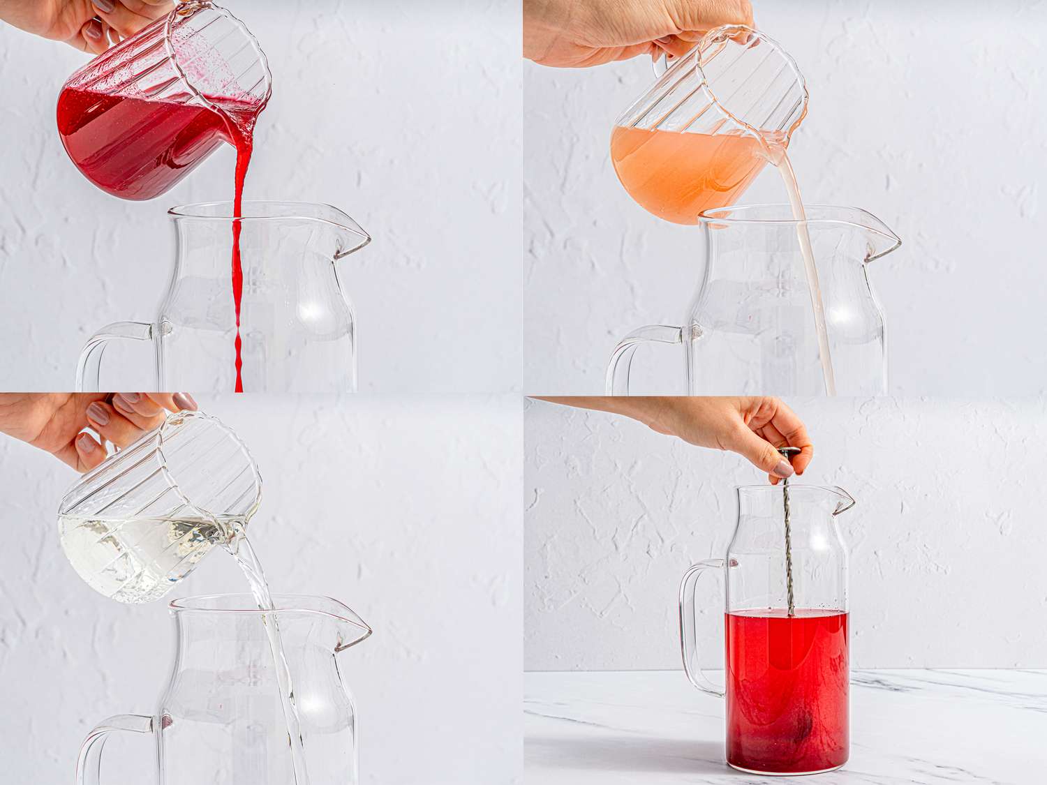 Four image collage of mixing grapefruit juice, and gin and stirring in pitcher