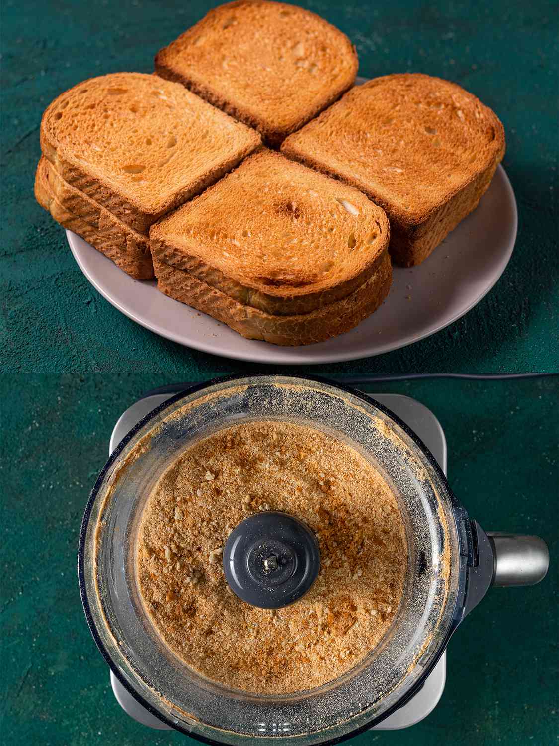 A vertical two-image collage. The top image shows four slices of toasted bread on a plate, while the bottom photo shows a food processor filled with breadcrumbs made from the processed toasted bread.