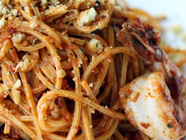 Closeup of Red Pistou Pasta with Shrimp and Crunchy Herbes de Provence Crumbs.
