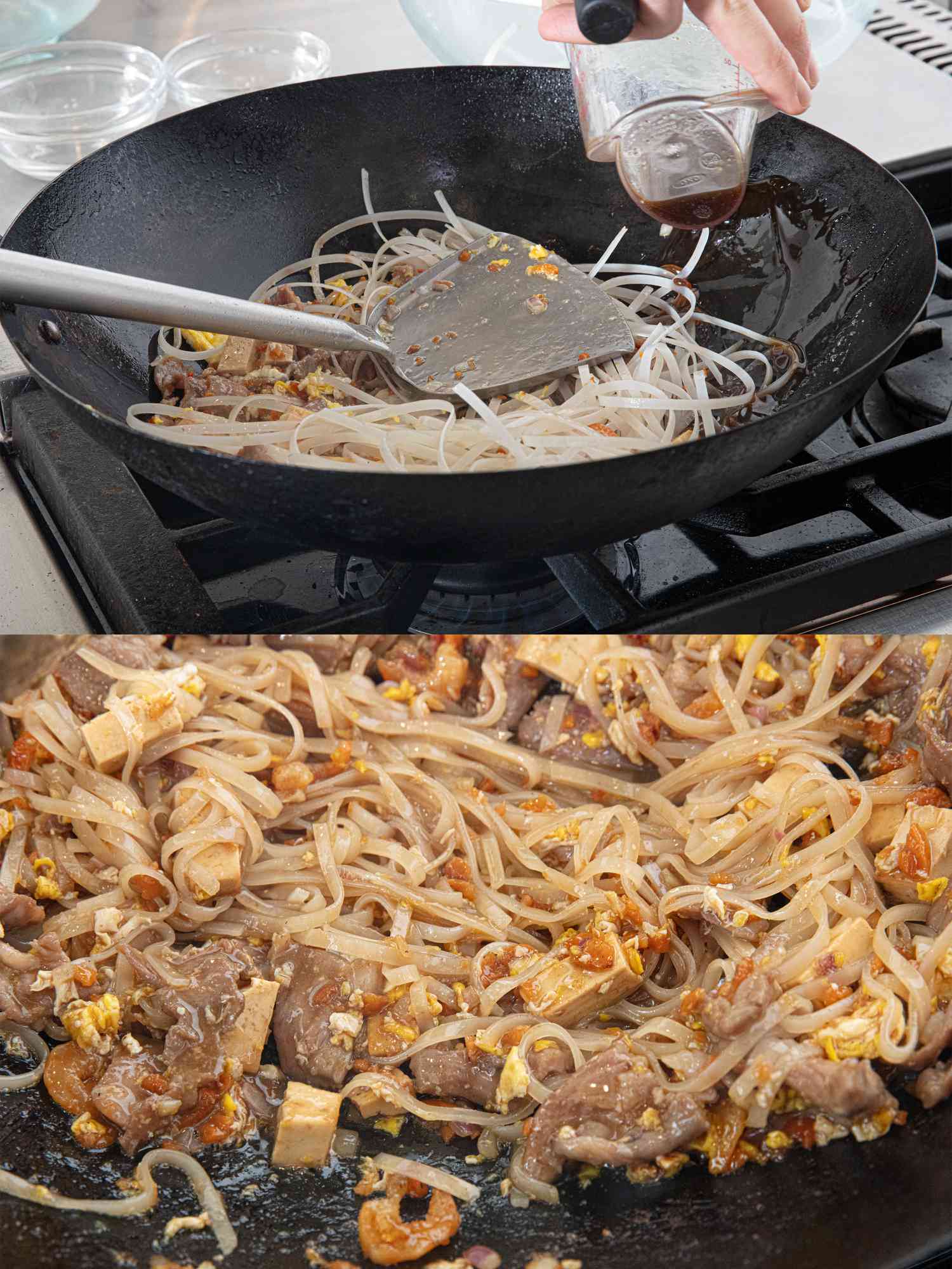Two image collage of adding noodles and sauce