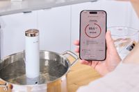 A person checks the temperature of the Breville Joule Turbo Sous Vide on their smartphone