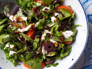 Mixed-Herbs Salad With Olives, Tomatoes, and Fresh Mozzarella 