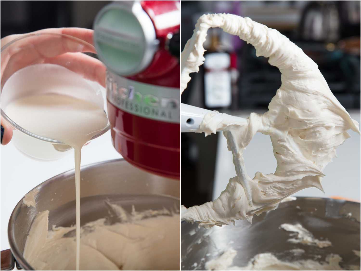 Adding cream to the mixing bowl of American buttercream. 