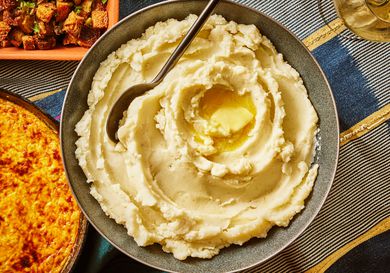 Overhead view of ultra fluffy mashed potatoes