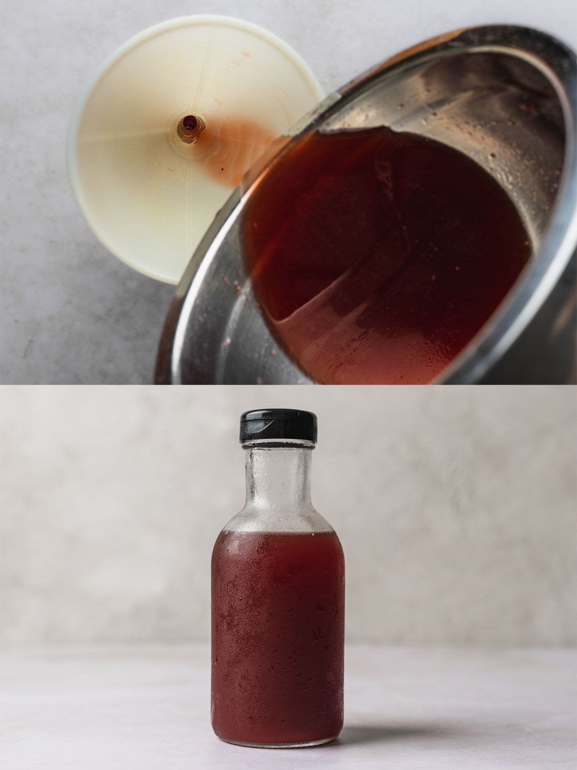 A two-image collage. The top image shows the syrup being poured into a clean bottle through a funnel. The bottom image shows a glass bottle holding the shrub. The sugar inside of the shrub has been completely absorbed into the liquid as a result of the bottle sitting for approximately a week.