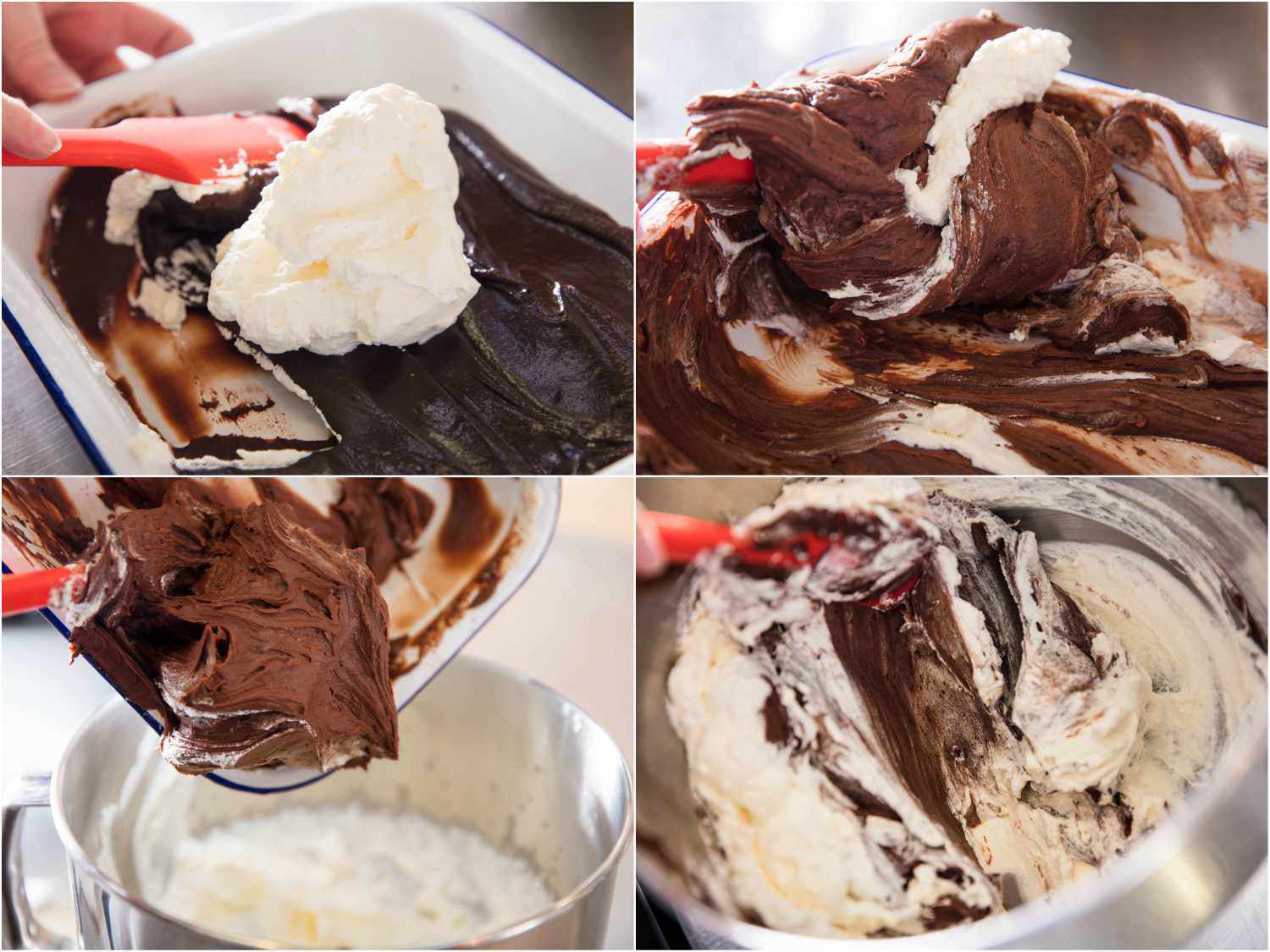 A 4-image collage of whipped cream being folded into eggless chocolate mousse, the whole mixture being transferred to a mixing bowl containing more cream and being mixed in the bowl. 