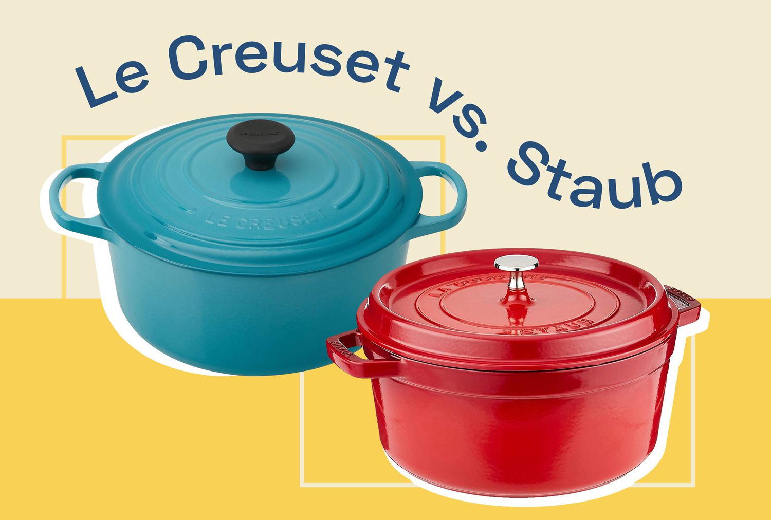Le Creuset and Staub dutch ovens collaged against patterned yellow background