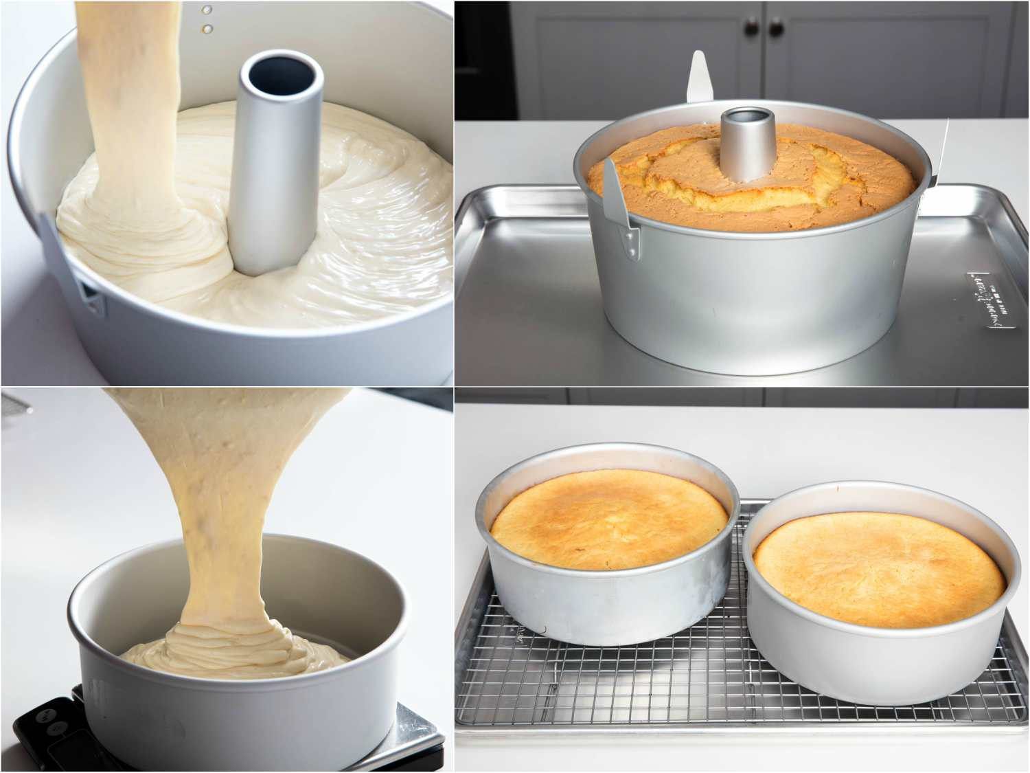 Collage of pouring cake batter into cakes pans and the baked cakes. 
