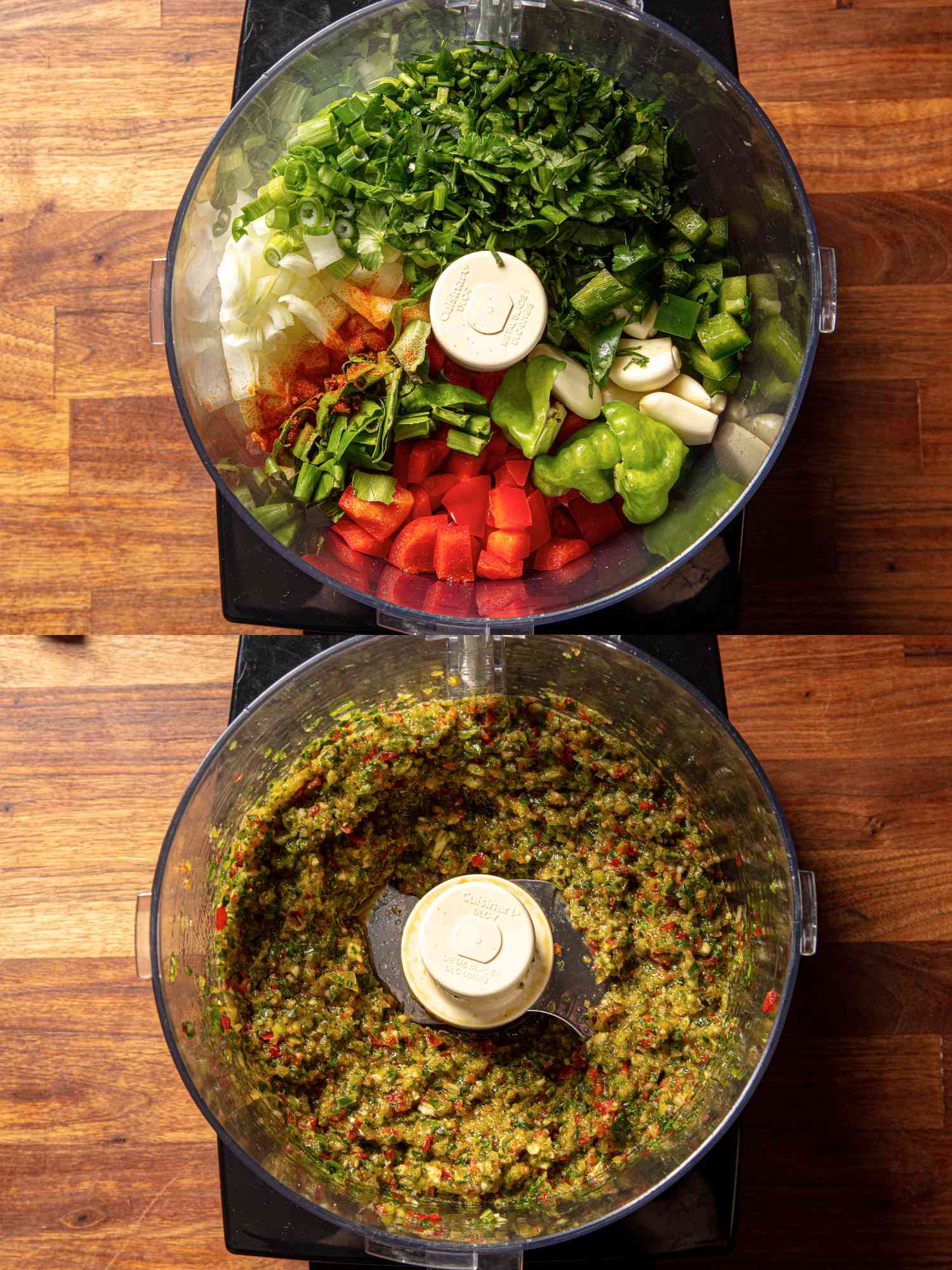 Two image collage of an overhead view looking into a food processor of all ingredients for sofrito before and after being pulsed