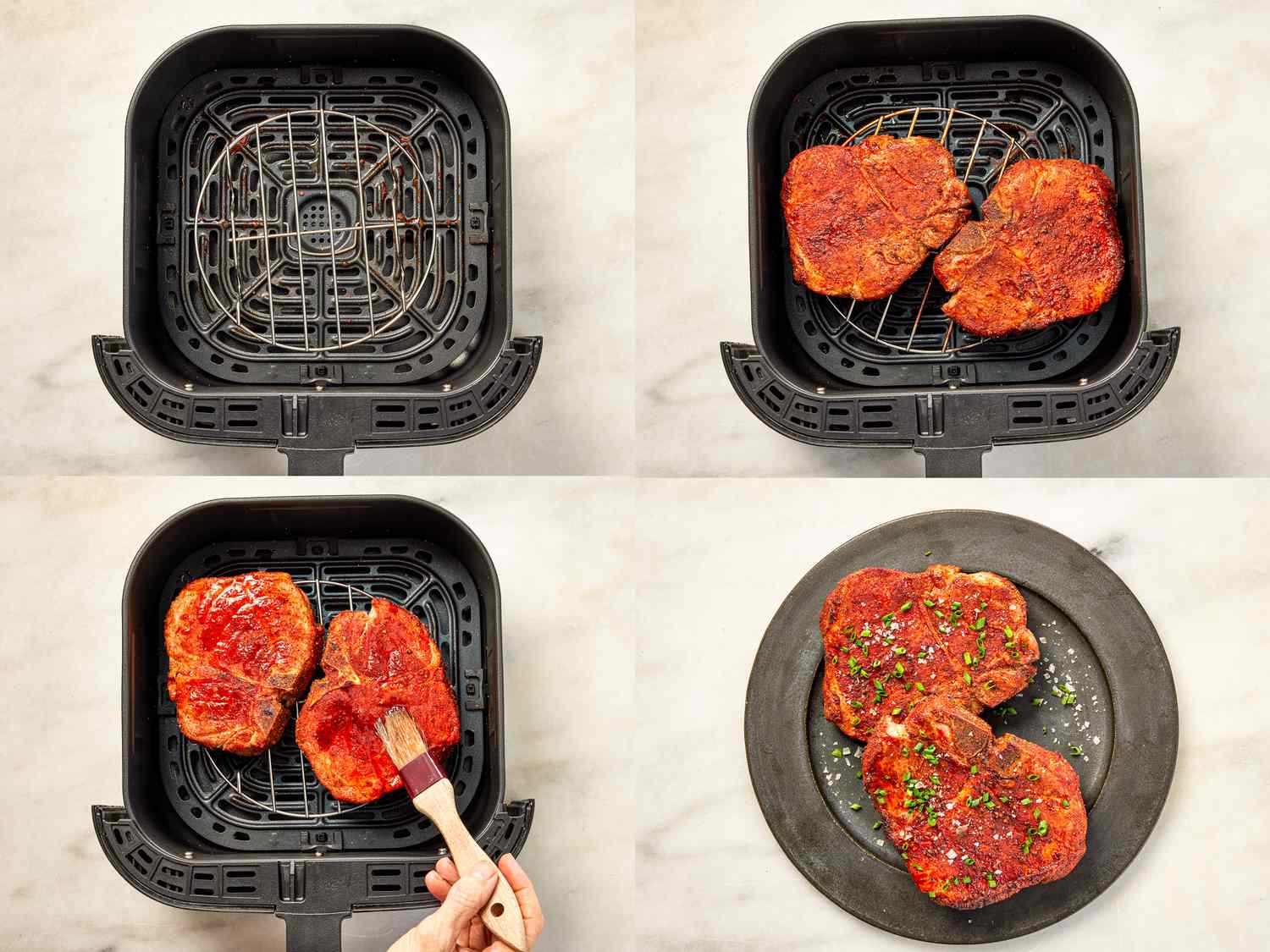 Placing a trivet into an air fryer basket and glazing pork chops.