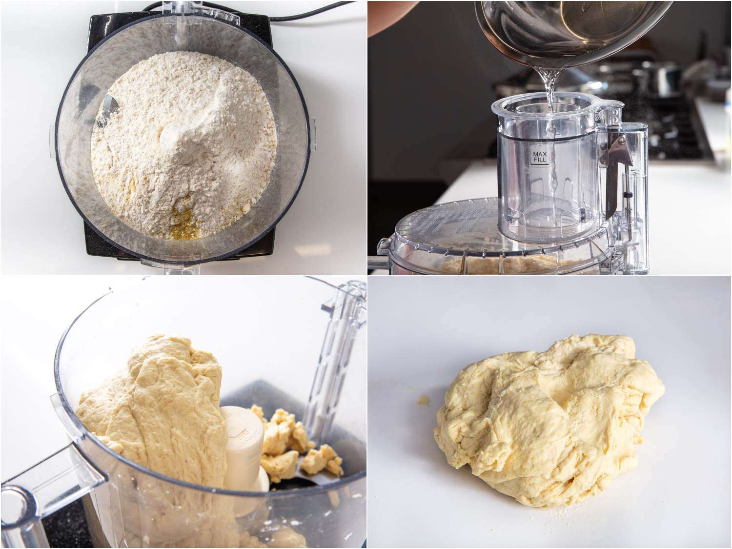 A 4-image collage of dough being mixed for hand-pulled lamian noodles: the dry ingredients combined in a food processor, followed by oil and water, the mixture being processed until a dough forms.
