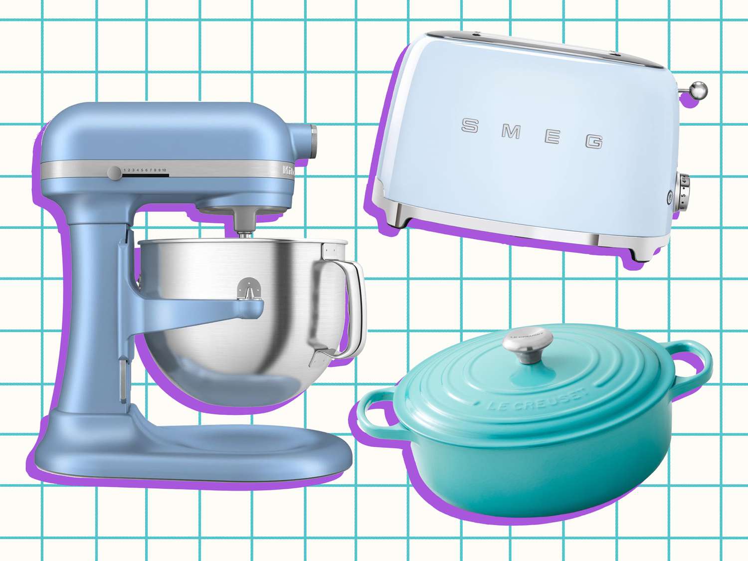 Kitchen appliances including a stand mixer, toaster, and dutch oven on a gridded background