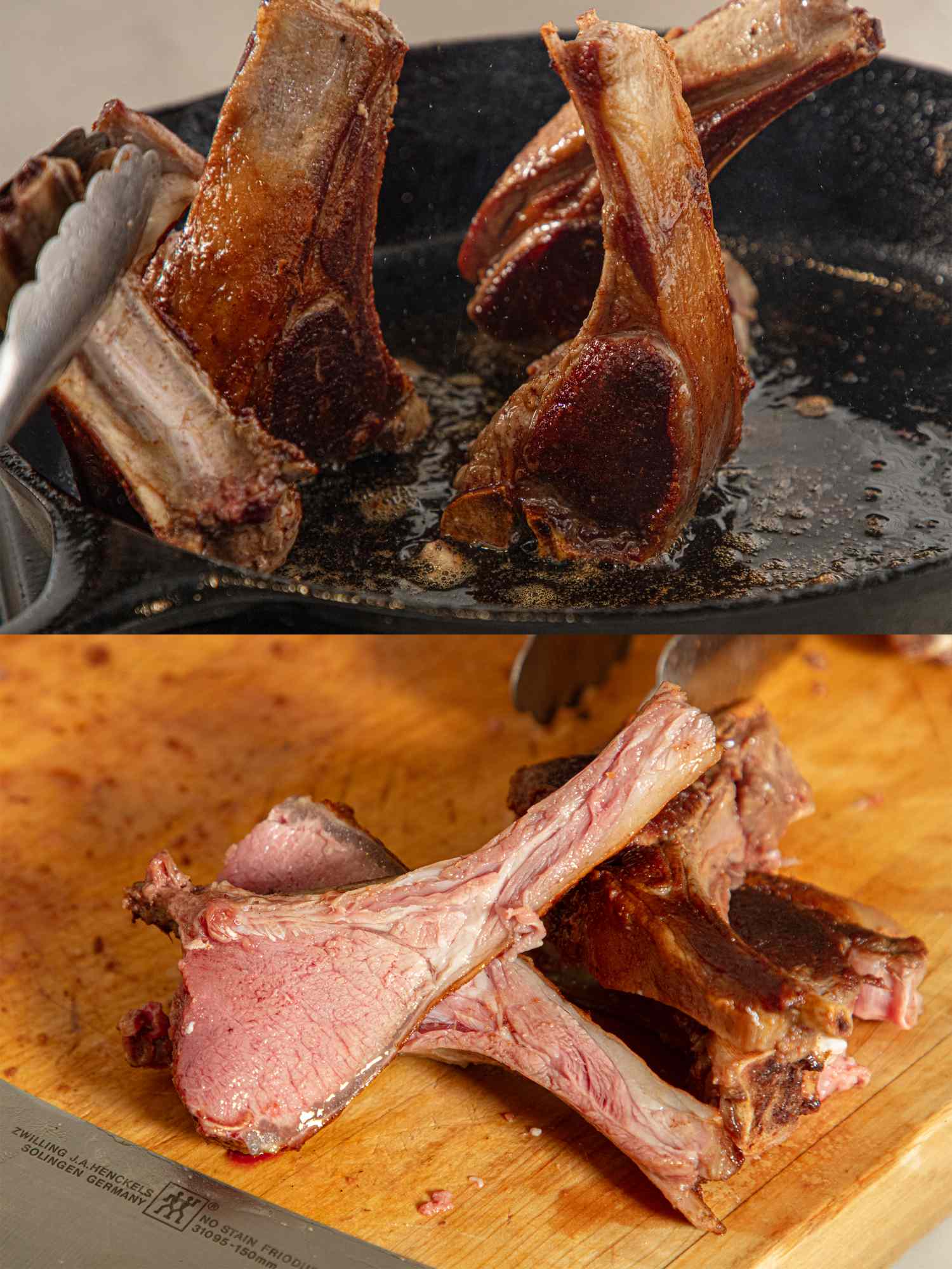 Cooked lamb chops in a pan and sliced lamb chops on a cutting board