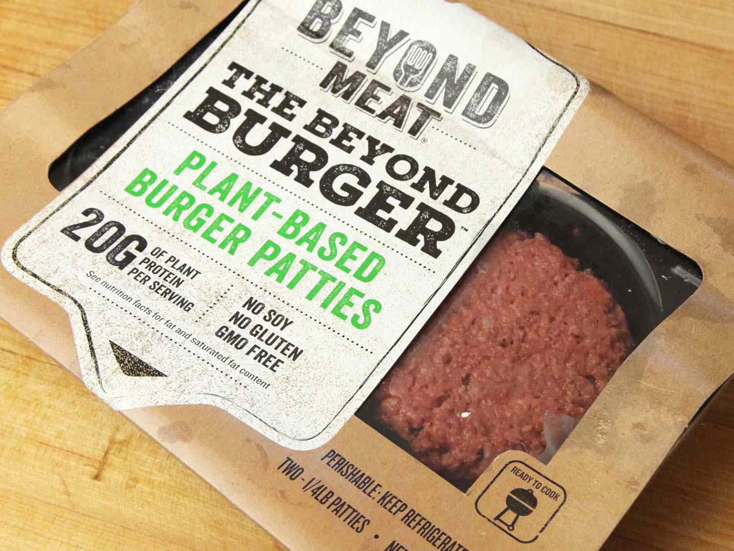 A package of Beyond Meat plant-based burger patties.