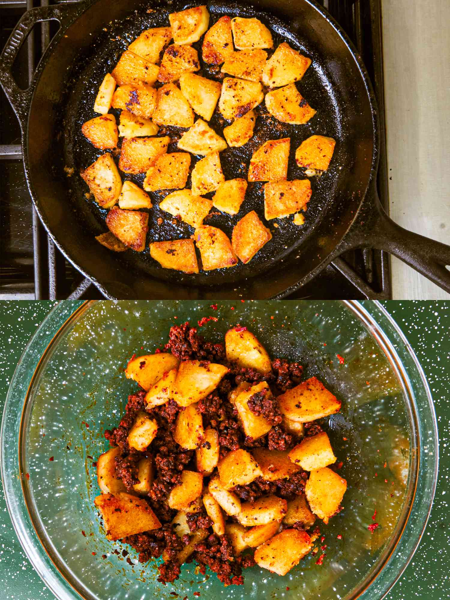 Two image collage of overhead view of browned potatoes in skillet and mixed with chorizo