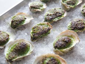 A baking sheet of Oysters Rockefeller resting on a layer of rock salt