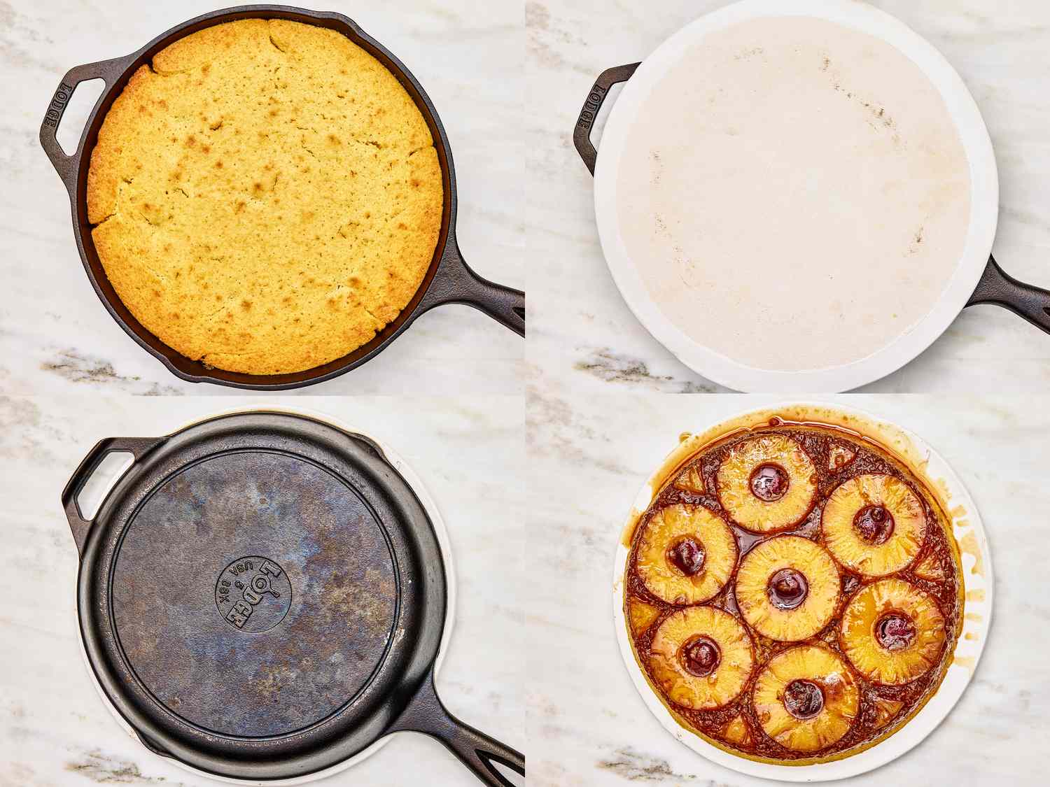 4 imge collage. Top Left: Baked pineapple upside down cake, bottom up, in cast iron. Top right: Plate placed on top of cast iron. Bottom left: Cast iron flipped, so plate is under cast iron. Bottom right: Pineapple upside down cake removed from Cast iron, on the plate. 
