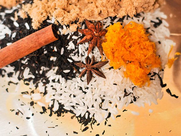  The ingredients necessary for the tea packet, spread out on a piece of foil.