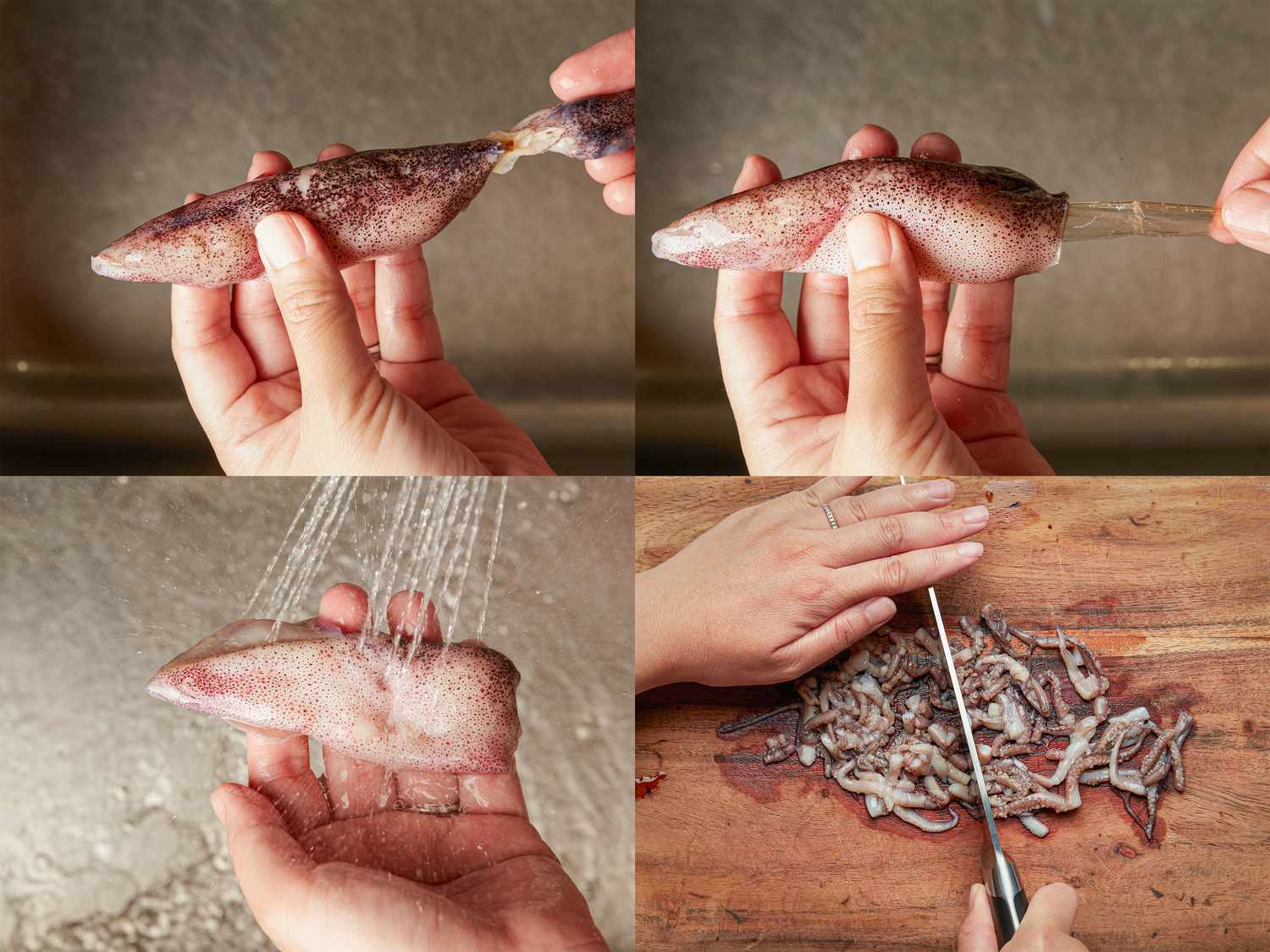Steps of squid preparation including cleaning and trimming