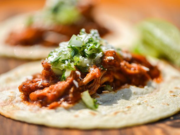 Close-up of an assembled taco.
