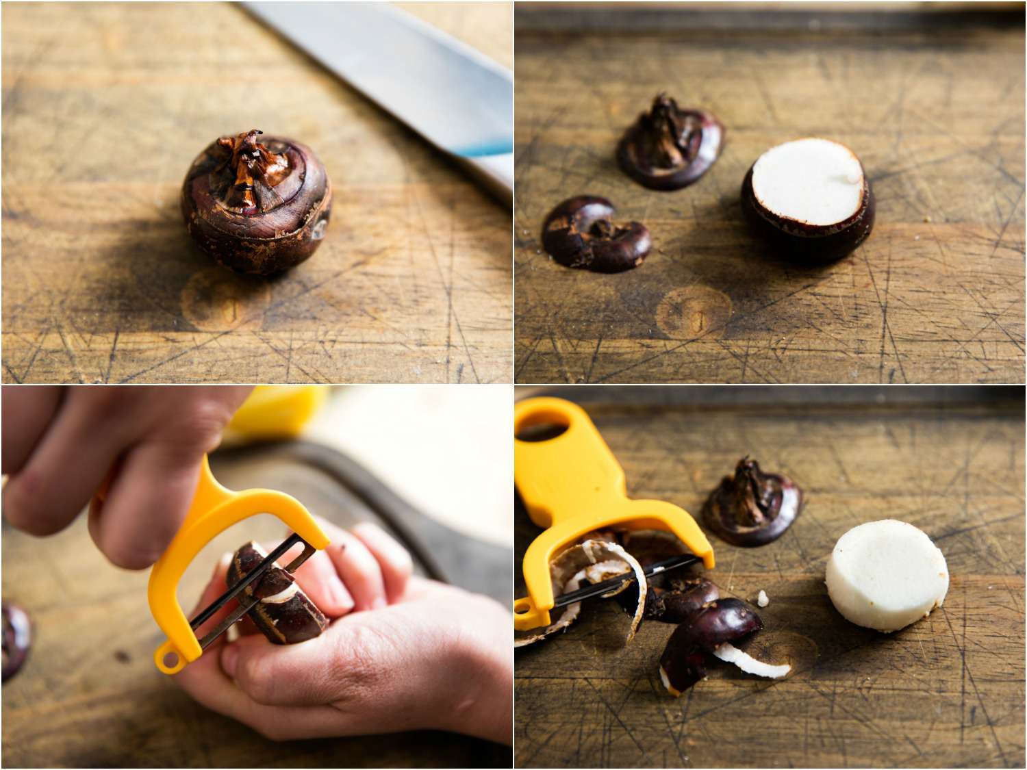 cleaning and peeling fresh water chestnuts 