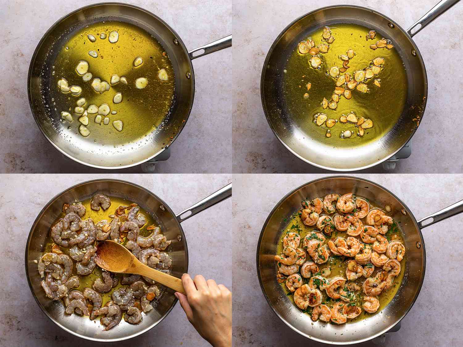 A four-image collage. The top left image shows sliced garlic added to the flavored oil, which has been returned to the same skillet as before and is over medium-high heat. The top right image shows the pale golden brown garlic inside of the skillet. The bottom left image shows the shrimp being stirred and tossed inside of the skillet. The bottom right image shows the barely cooked through shrimp tossed in sherry vinegar and parsley inside of the skillet.