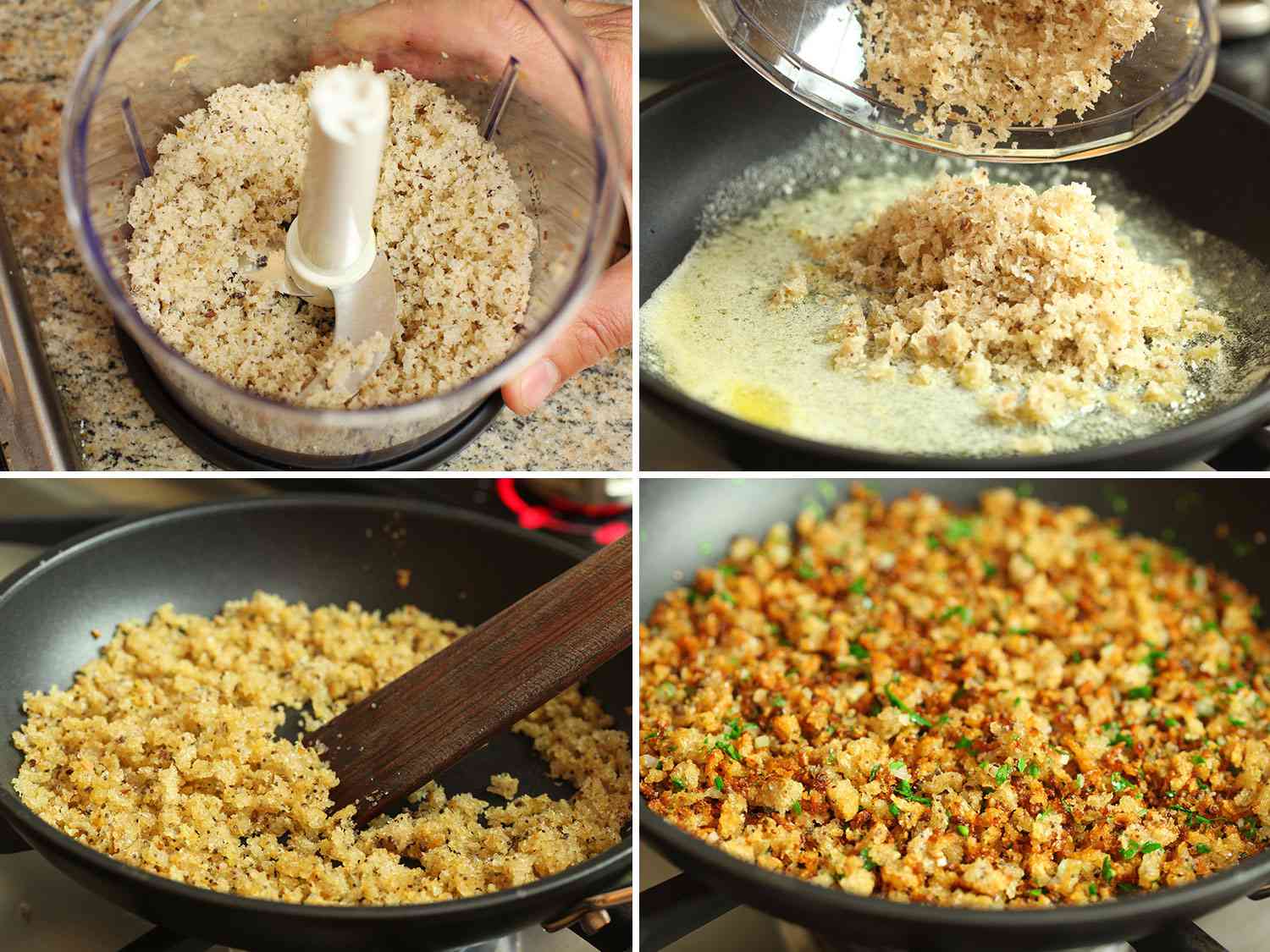 A collage of grinding bread into crumbs, browning the crumbs in butter, and adding the minced shallot and herbs.