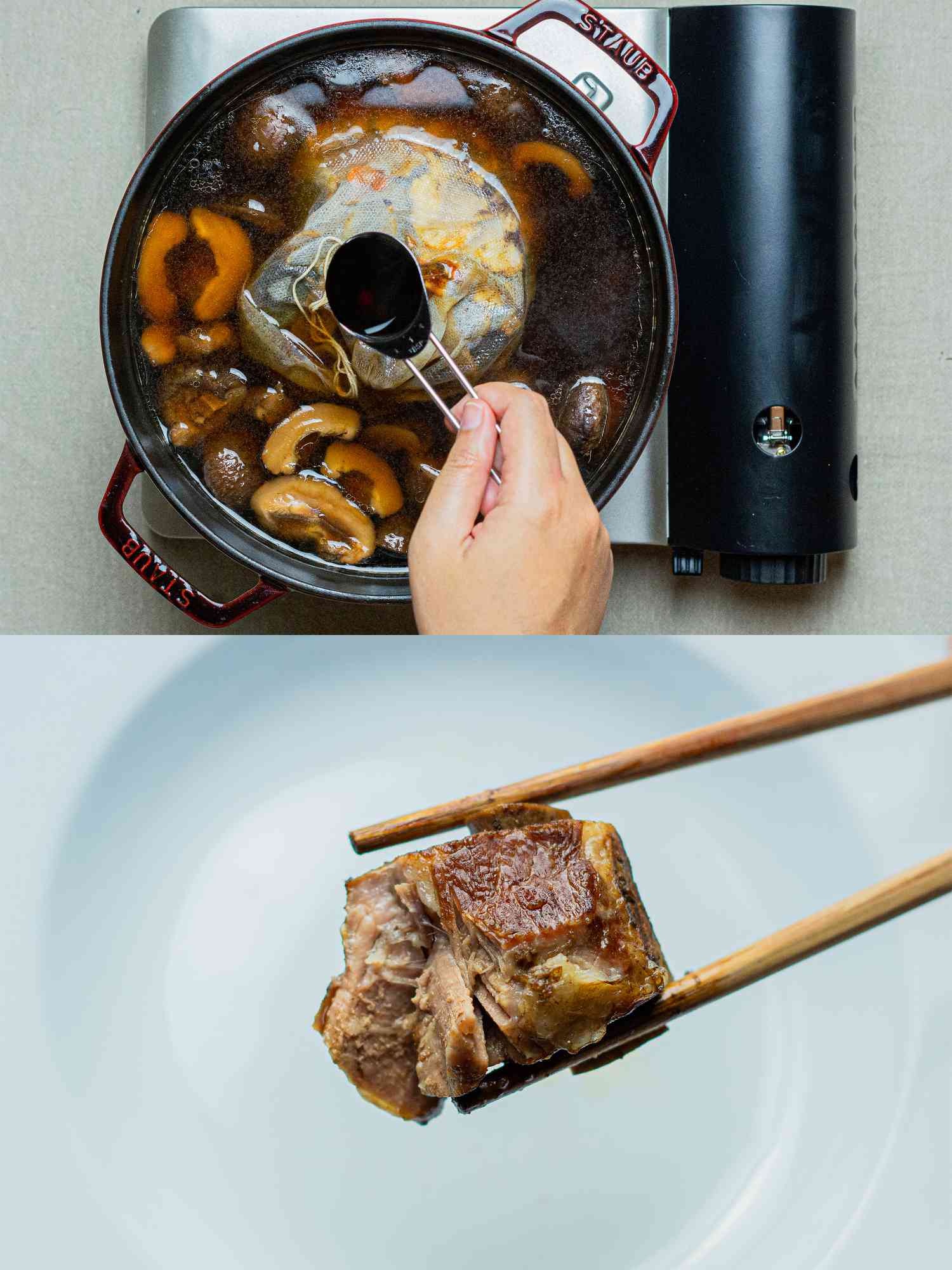 Two image collage of overhead view of adding soy sauce to pot and lifting meat from bowl