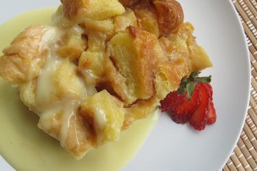 bread pudding and white chocolate sauce