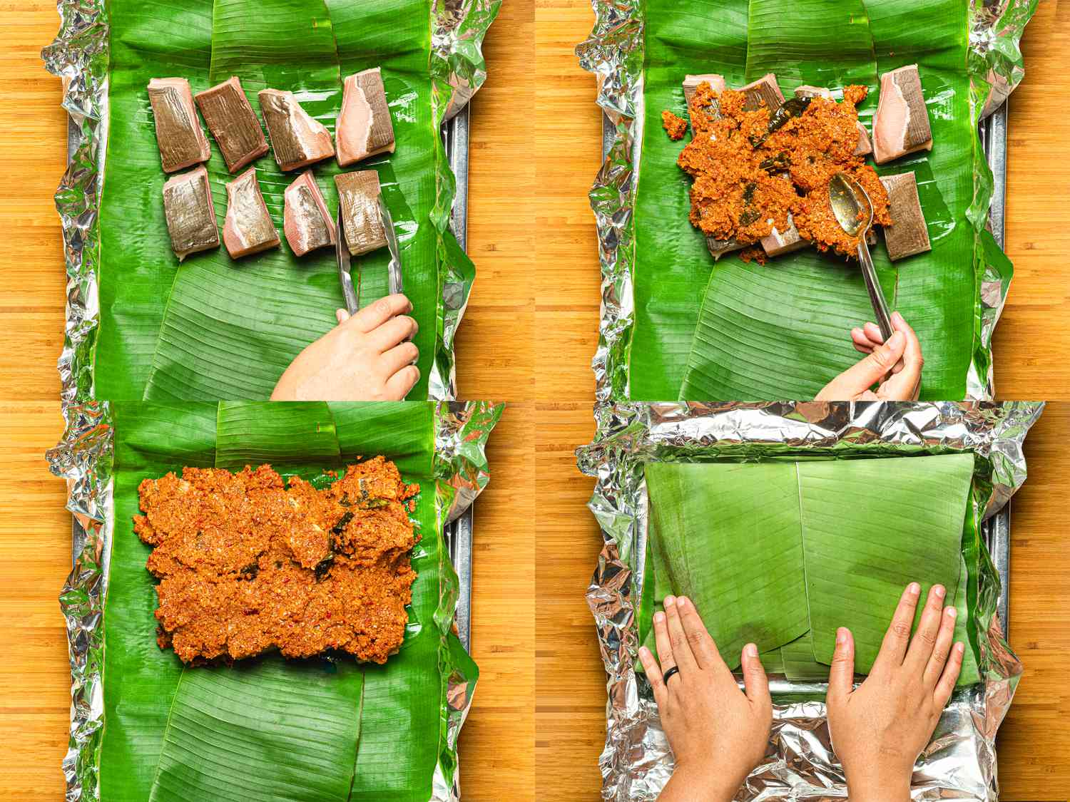 Four image collage of stingray being placed on banana leaves, sambal mixture being spooned over and leaves being folded over