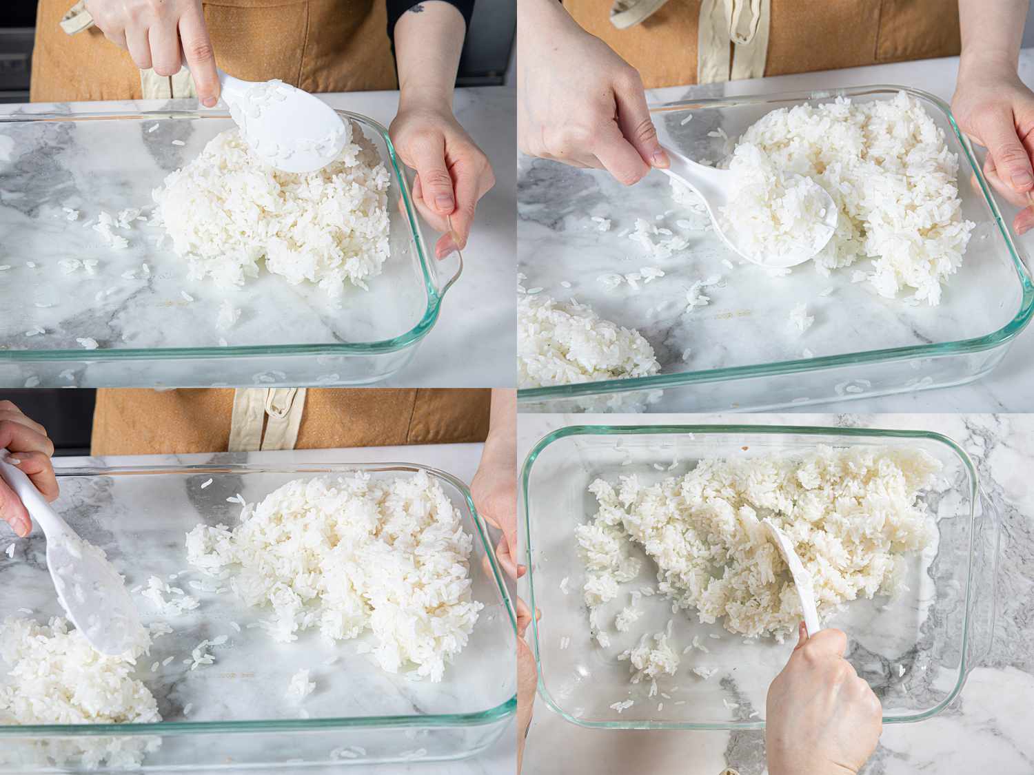 Four image collage of flipping rice